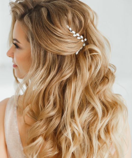 Beautiful blonde woman showing her perfect greek hairstyle and purple colored crystal earrings with beads. in beige posing in studio room.